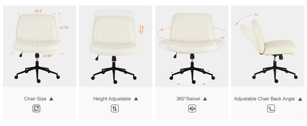 JHK Armless Cross Office Chairs with Wheels PU Leather Swivel Living Room Desk Chair Height Adjustable Support Seat Furniture
