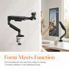 Single Monitor Arm 13-34 Inch, Adjustable Gas Spring Arm, Monitor Desk Mount for 4.4-19lbs, VESA 75/100mm with C-Clamp/Grommet Base, Ergonomic Stand for Work/Gaming