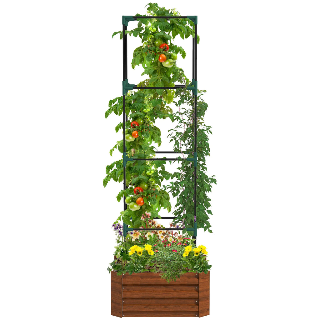 Galvanised Raised Garden Bed with Tomato Cage, Open Bottom, Brown
