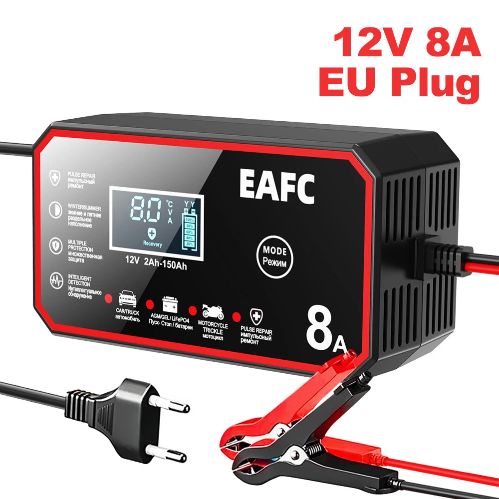 EAFC 12V 8A /6A Car Battery Charger Quick Charge Automatic Smart Battery Charger LCD Display for Lead Acid Agm Gel Wet LiFePO4