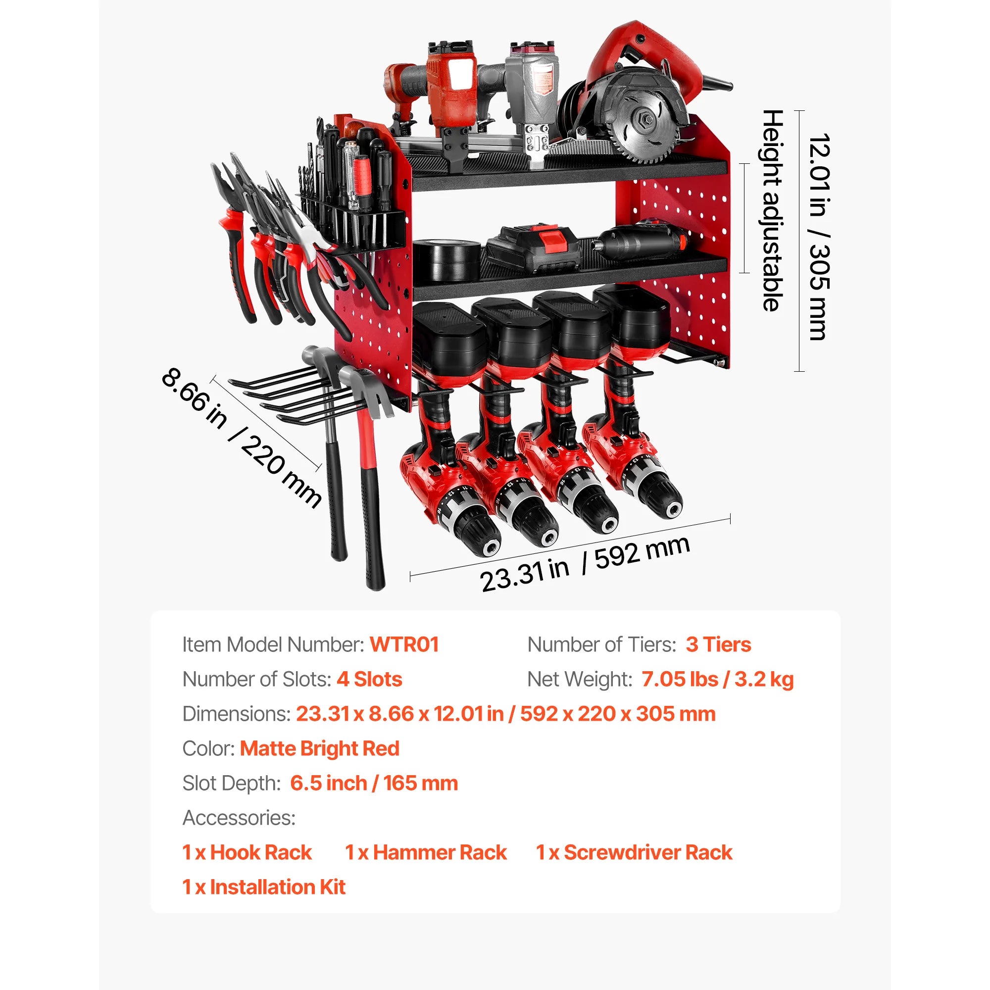 SucceBuy 3-Layer Power Tool Wall Mount Holder Pegboard Wall Storage Tool Set Drill Screwdriver Storage Rack for Workshop/Garage