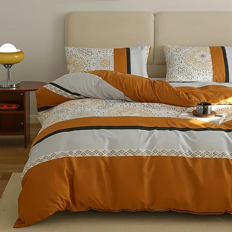 Orange-Gray Striped Print Three-Piece Duvet Cover Set, Skin-Friendly and Breathable Bedding (1 Duvet Cover + 2 Pillowcases), Ultra-Soft Breathable Fabric, Skin-Friendly, Comfortable, Breathable, Machine Washable, All-Season B