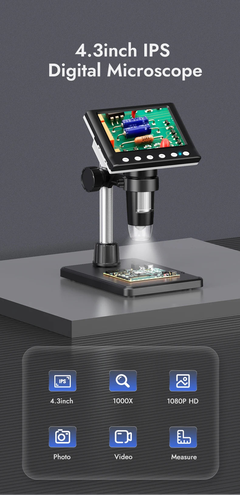 Hayve 4.3'' Digital Microscope 1000X Coin Microscope 1080P Video Microscope for Adult Soldering Microscope With 8 LEDs , PC View