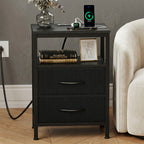 JHK 2 Fabric Drawers Night Stand with Open Shelf Bedside Table with USB Ports Charging Station Storage End Table for Living Room