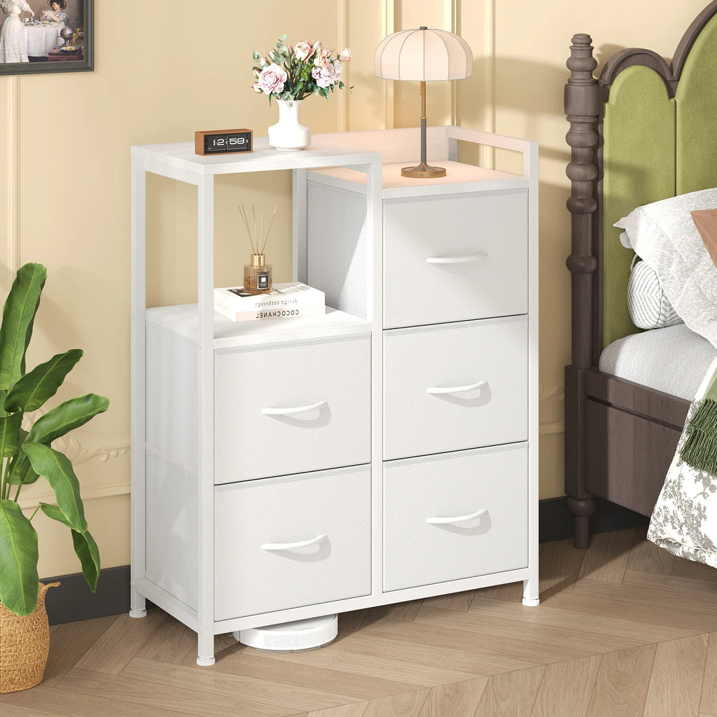 JHK  5 Fabric Drawer Chest with Raised Shelf Metal Frame TV Stands for Bedroom Storage Tower with Bins for Closet Organization Hallway Storage for Home