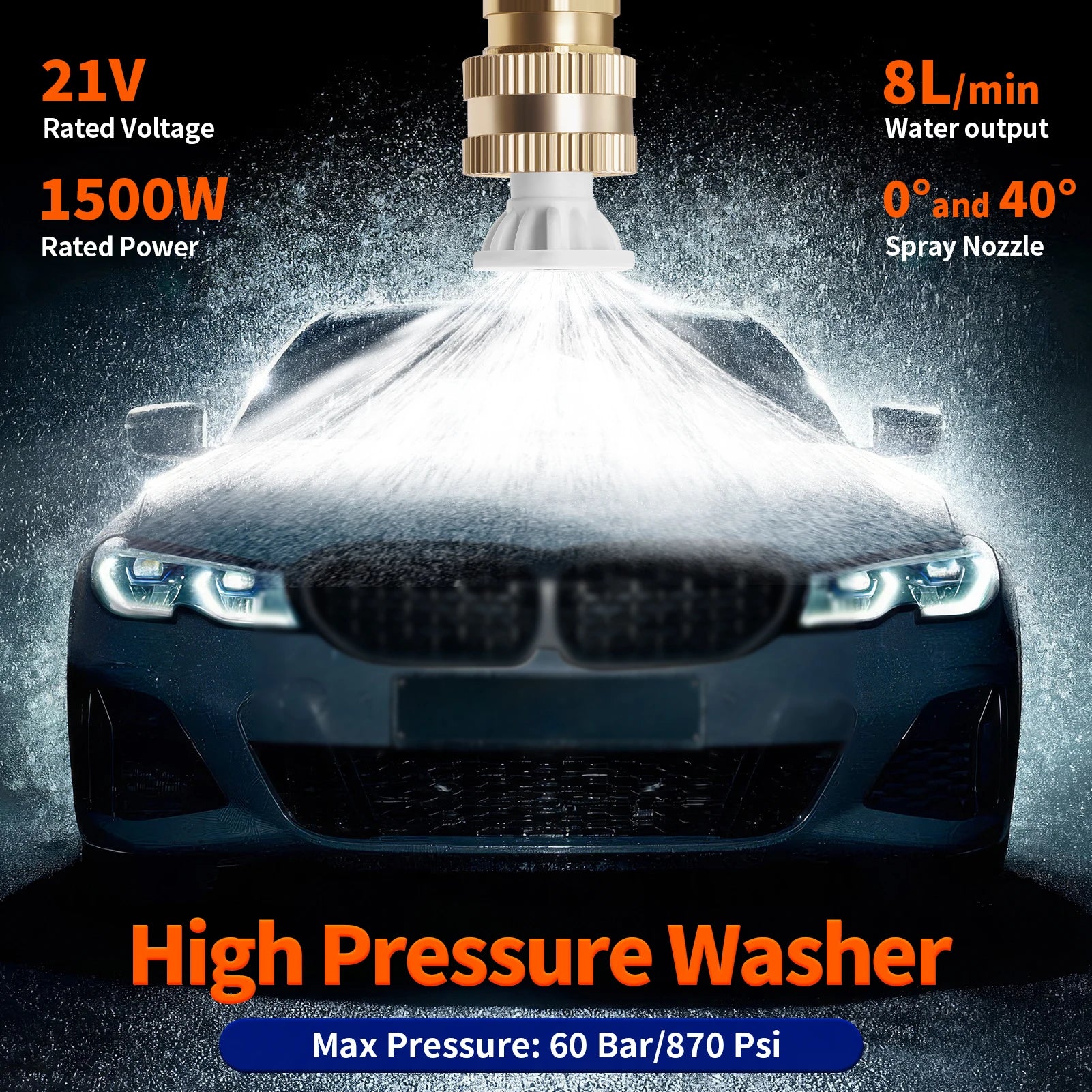 21V Cordless High Pressure Washer 60Bar Portable Wireless Cleaner with 2 Batteries Foam Cannon & Nozzles Handheld Washer for Car Garden Patio Outdoor Cleaning