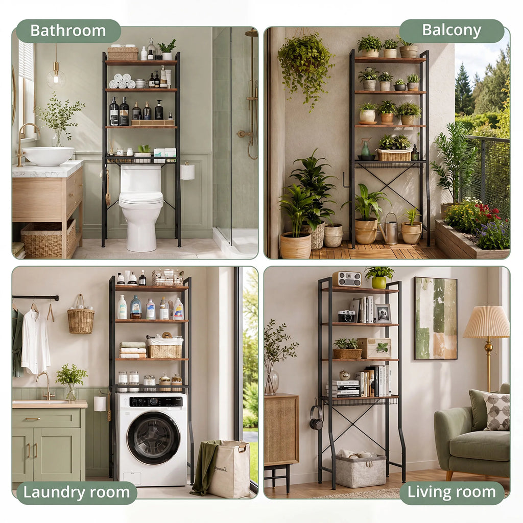 JHK 4-Tier Freestanding Bathroom Organizer Shelf Over Toilets with Adjustable Storage Rack Shelf and Basket Space Saver Above Toilet Storage Cabinet with 3 Hooks for Rooms