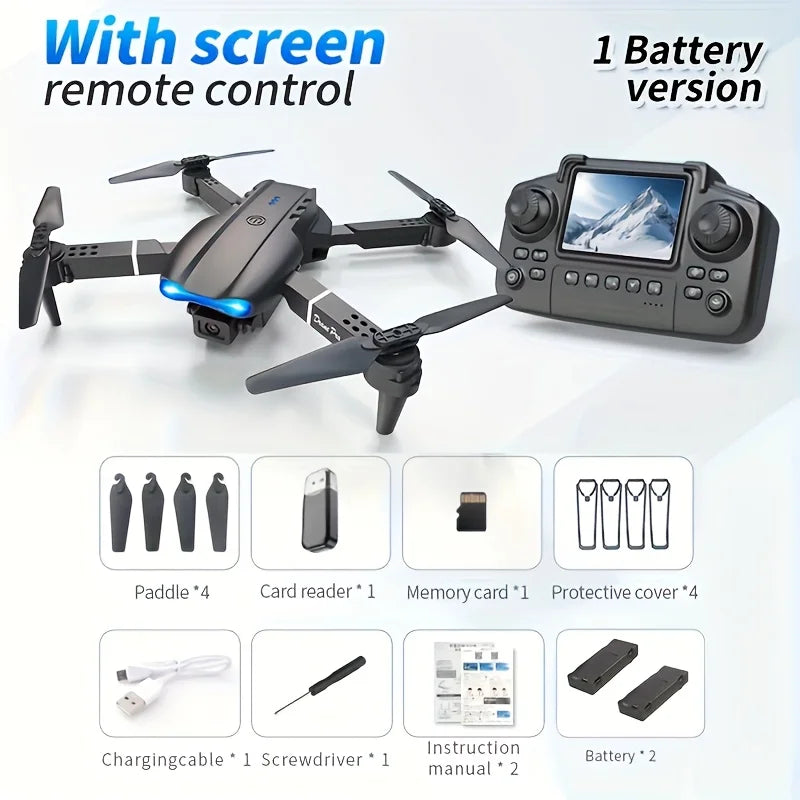 The 2026 upgraded E88 PRO MAX drone features dual 8K cameras, an on-screen remote control, two batteries, one-button return, foldability, USB charging, Wi-Fi, and flight gaming capabilities. Suitable for beginners, it makes a