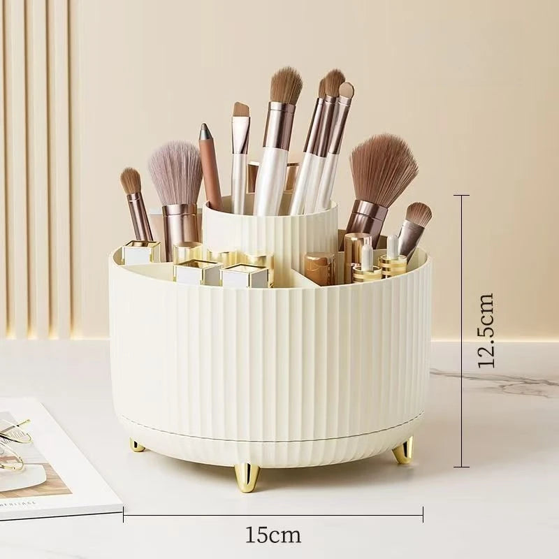 360° Rotating Makeup Organizer Plastic Cosmetic Storage 5 Compartments Multi-Functional Brush Holder Compact Travel Makeup Case