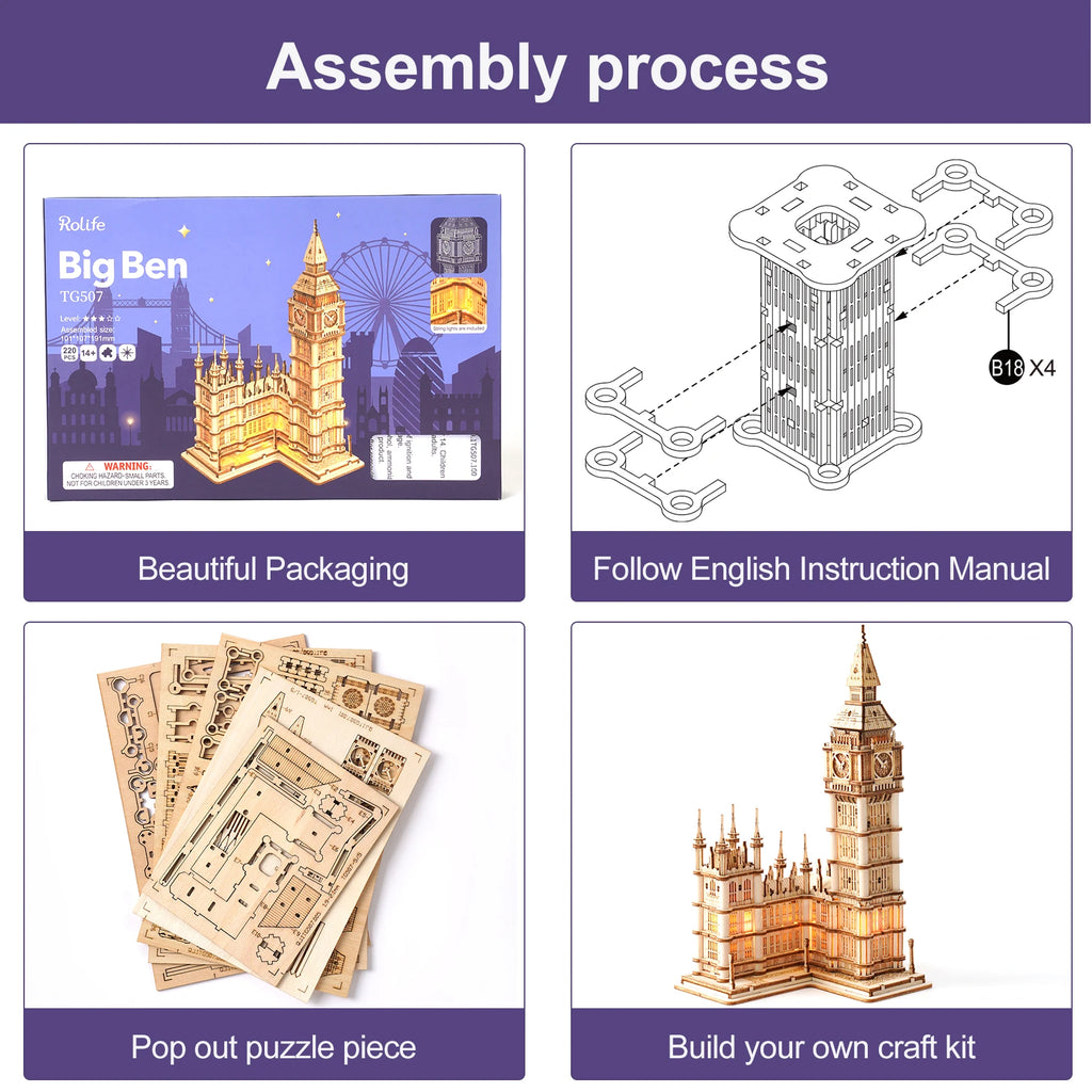 Rolife DIY Wooden 3D Puzzle Big Ben Model Building Kit Brain Teaser Puzzle Toy with LED Light for Home Decor Gifts for Adult Kid