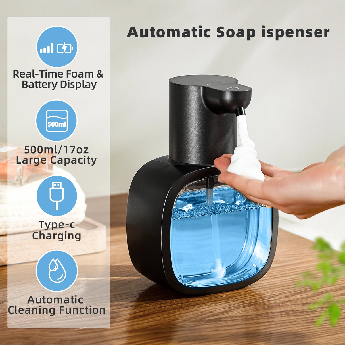 Automatic sensor soap dispenser, foam hand washing device, portable soap bottle, 500ml soap distribution device, in bathroom