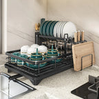 2-Tier Expandable Dish Drying Rack, Metal Kitchen Dish Rack and Drainboard Set with Knife Fork Holder & Cutting Board Organizer for Countertop