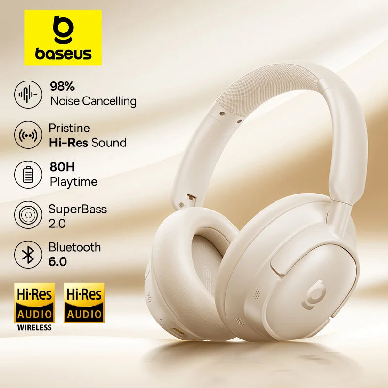 Baseus Bass Wireless Headphones Bluetooth 6.0 98% Noise Canceling Over Ear Headset Spatial Audio Earphone 80H Time