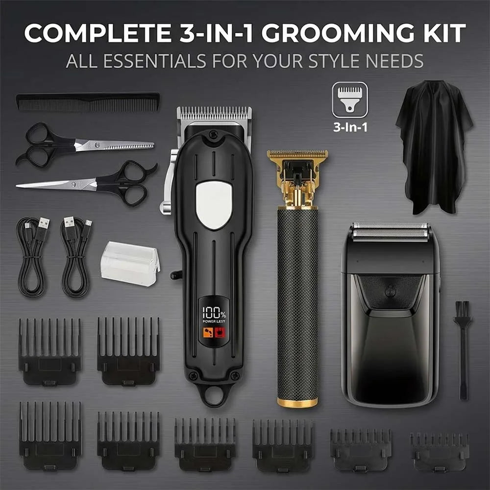 Professional Hair Clipper Set for Men, Cordless Haircut Kit with LED Display, 3-in-1/2-in-1/1pc  rechargeable Hair Clipper & T-Blade Trimmer & electric shaver, Barber Zero-Gapped Detailer, DIY Grooming Tools with Scissors, Co