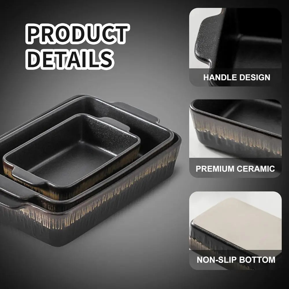 3-Piece Bakeware Set, 20x30 cm Casserole Pan, Cooking and Baking Dinnerware, Black Stripe Design