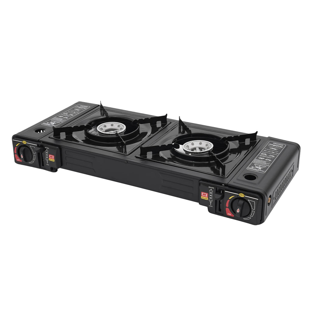 2 Burners Portable Camping Stove, 2.5KW Auto Ignition Butane/LPG Gas Stove w/Baking Tray+Carrying Case for RV Outdoor Picnic BBQ