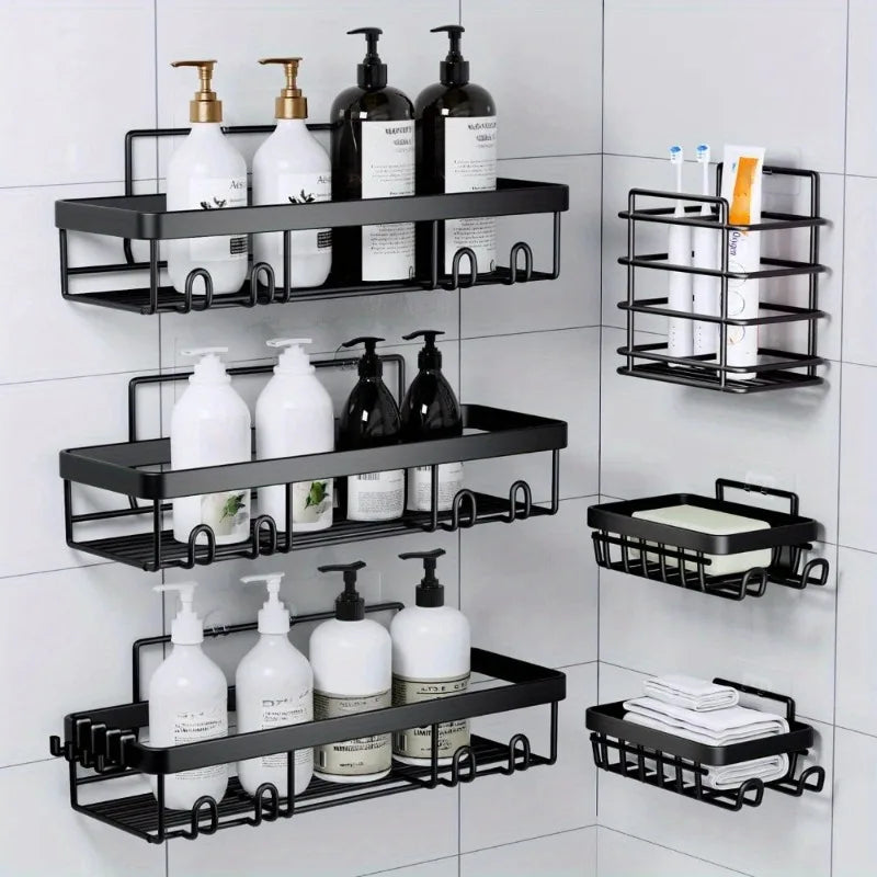 6 Pack Shower Caddy Shelf Organizer Rack, Self Adhesive Black Bathroom Shelves Basket, Bathroom Accessory Decor Set, No Drilling