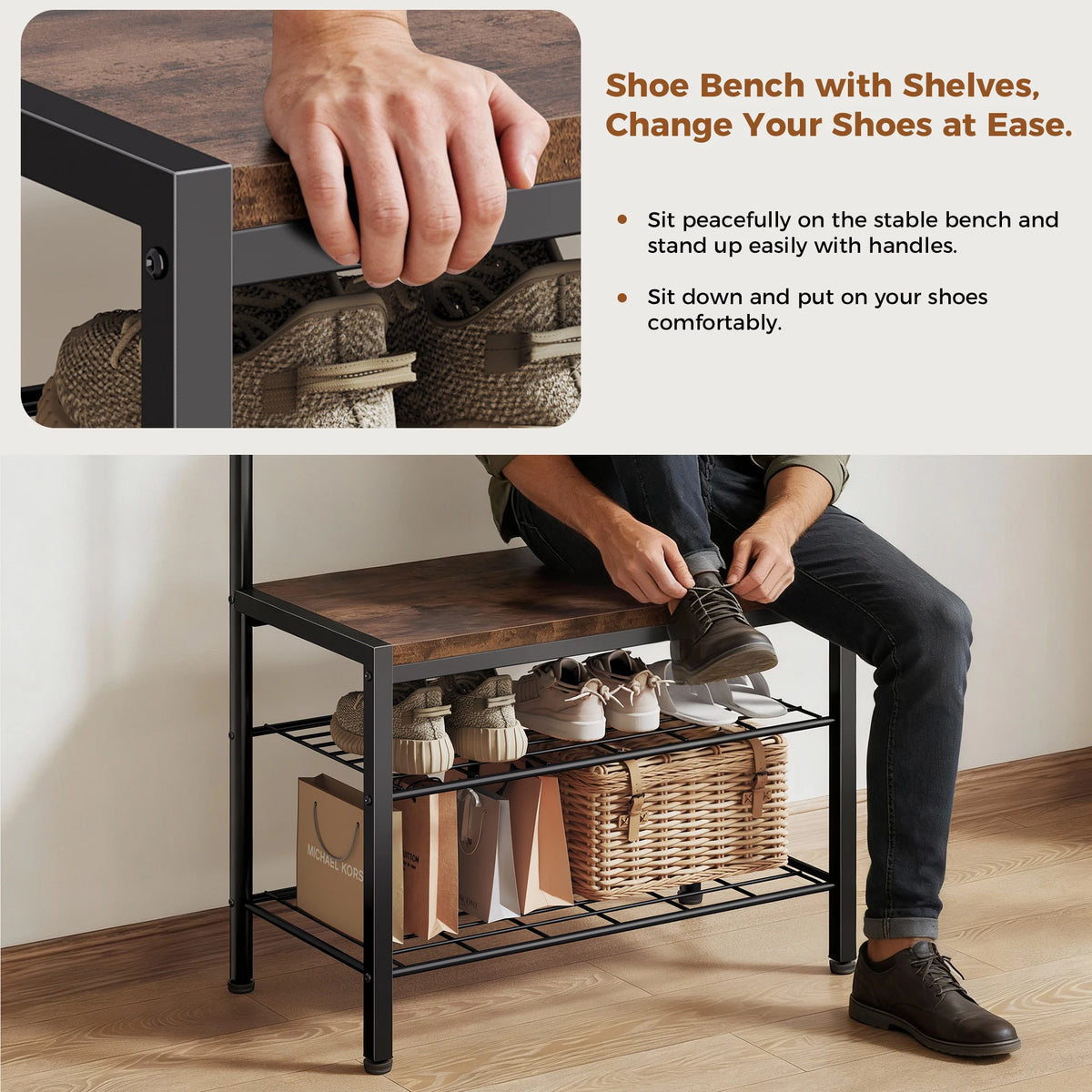 JHK 4-in-1 Coat Rack with Shoe Bench Entryway Bench with Shoe Storage Hooks Mudroom Storage Organizer with Shelves For Home