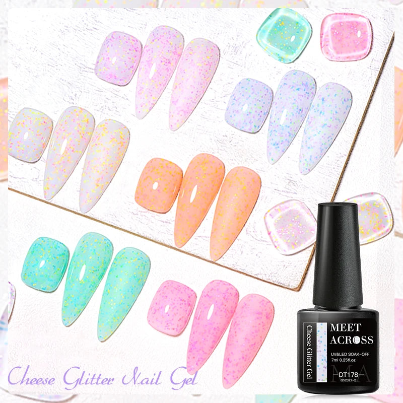 MEET ACROSS 7ml Cheese Glitter Sequins Gel Shimmer Candy Color Semi Permanent UV LED Gel For Nails Nail Art Hybrid Varnishes