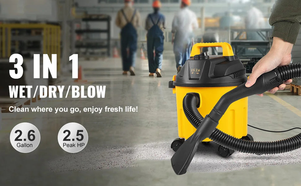 SucceBuy Wet Dry Vac 2.6 Gallon 2.5 Peak HP 3 in 1 Portable Shop Vacuum with Blowing Function  Attachment Storage for Floor