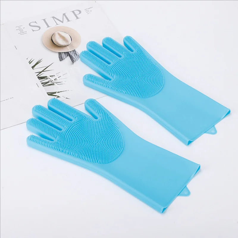 Multi-Surface Blue Silicone Cleaning Gloves (31×16cm) - Scrubber Bristles for Kitchen, Bathroom & Car Cleaning