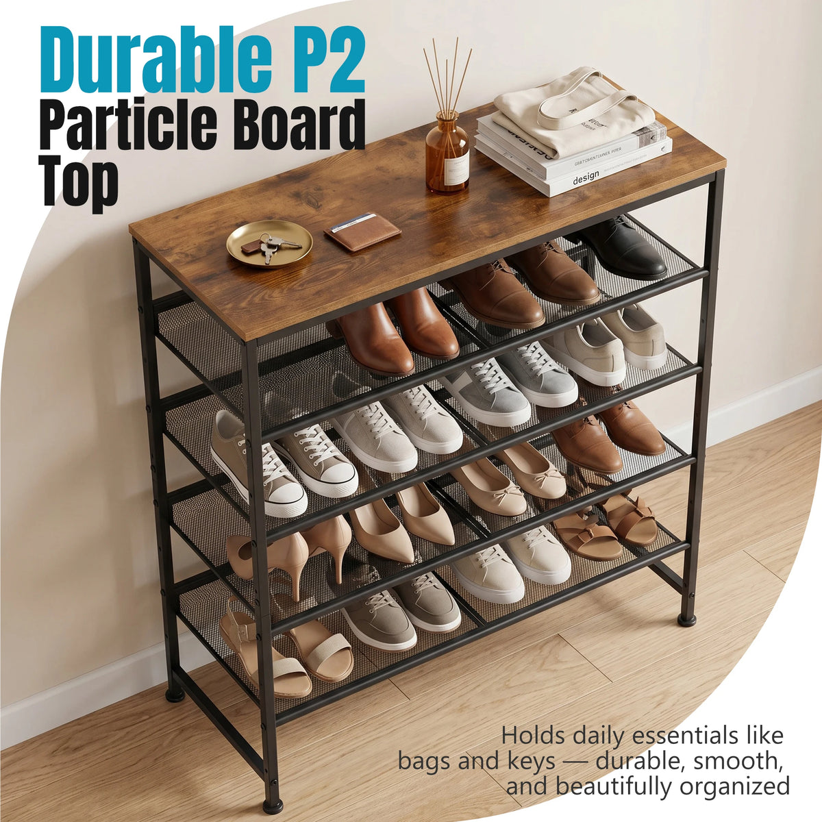 JHK 5-Tier Metal Shoe Storage Cabinet Free Standing Storage Organizer Holds 16-20 Pairs for Closet Shoe Storage Shelf with Adjustable Mesh Shelves and Wooden Top for Space Saving Cabinet Home