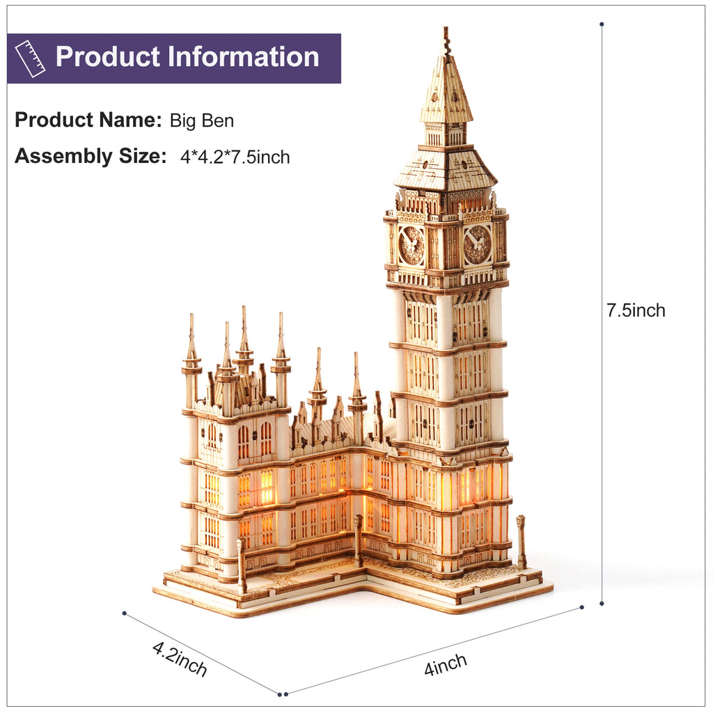 Rolife DIY Wooden 3D Puzzle Big Ben Model Building Kit Brain Teaser Puzzle Toy with LED Light for Home Decor Gifts for Adult Kid