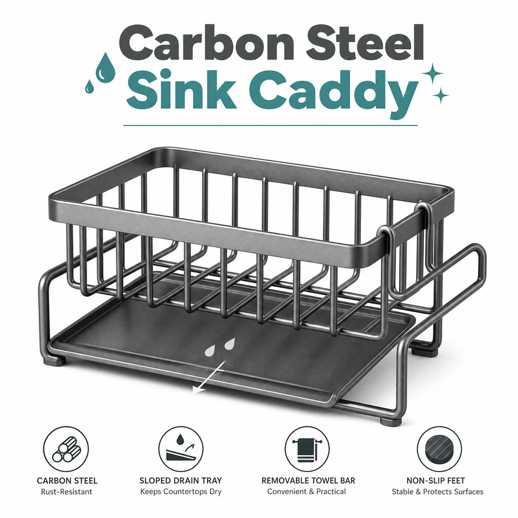 Kitchen Sink Organizer Carbon Steel with Tilted Water Tray Storage Rack for Sponge Brush 23×9×10cm