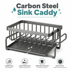 Kitchen Sink Organizer Carbon Steel with Tilted Water Tray Storage Rack for Sponge Brush 23×9×10cm