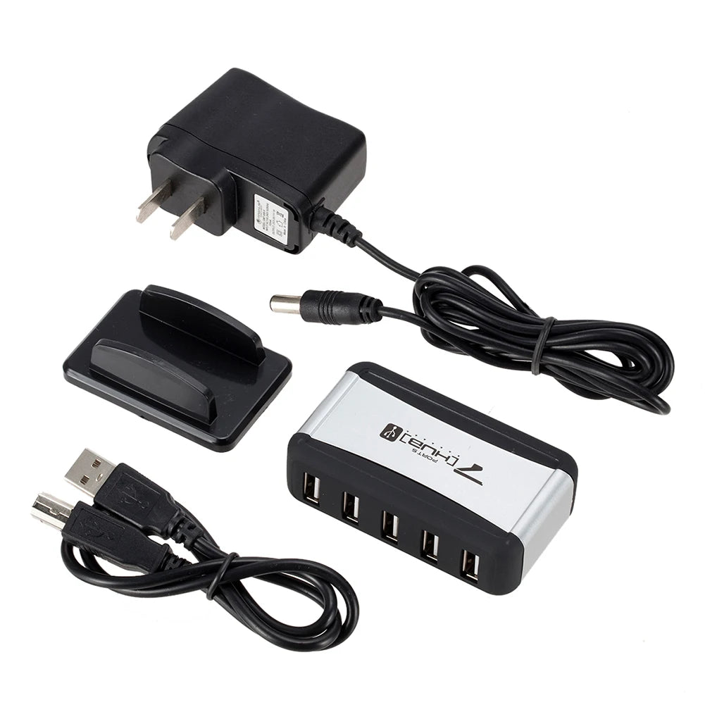 EU/US Plug USB Hub 7 Ports Splitter USB 2.0 Plug and Play Support 1.5/12/480Mbps with Power Adapter for PC Computer and Laptop