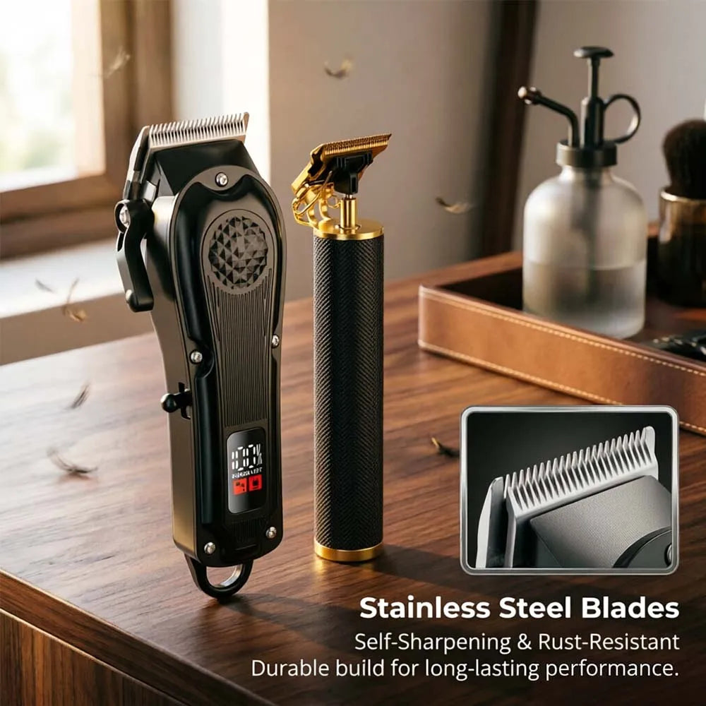 Professional Hair Clippers with LED Display, Cordless Rechargeable Trimmer & T-Blade Shaver for Men, Balding Grooming Kit