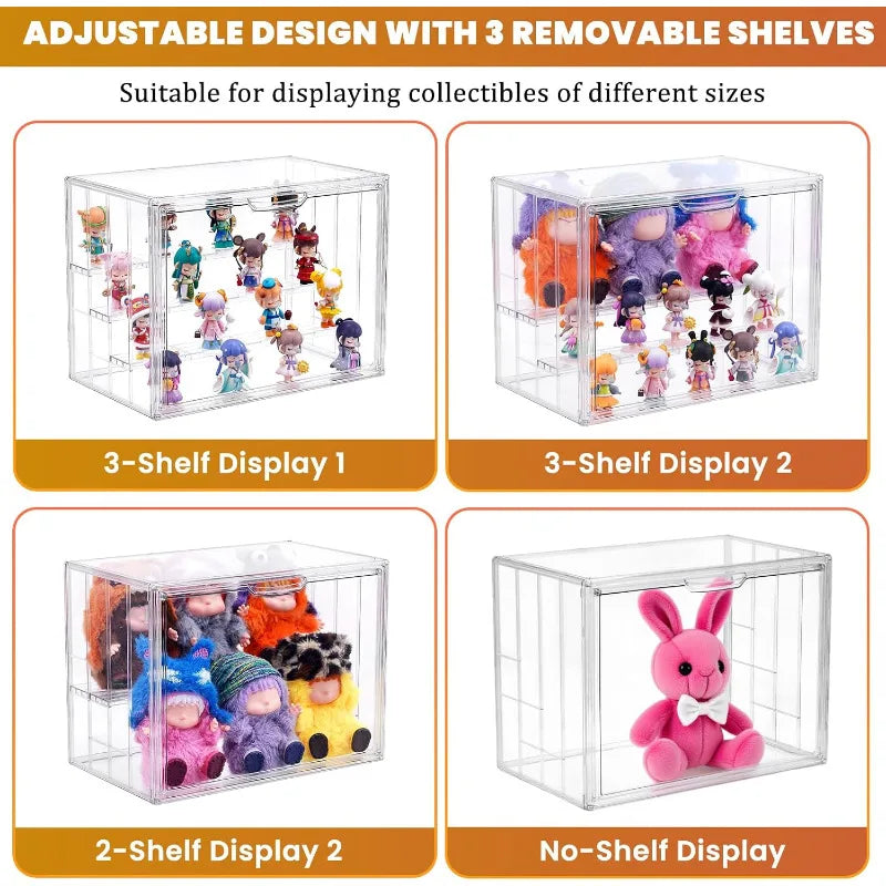 4 Tier Acrylic Display Case for Collectibles, Clear Adjustable Figure Display Case with Magnetic Door, Stackable Storage Box Showcase with 3 Shelves for Action Figures, Dolls, Toys, Large 1 Pack