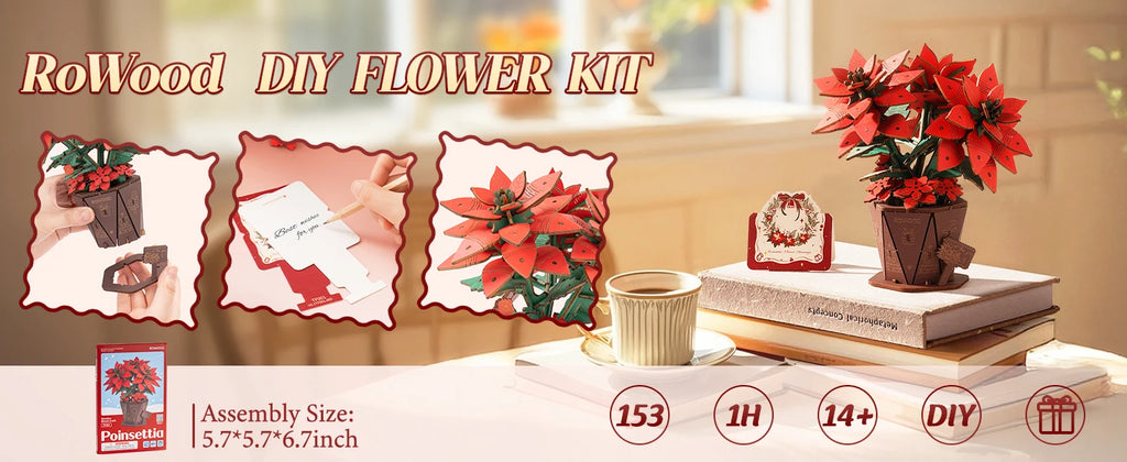 Rolife Artificial Flower Wooden 3D Puzzle Poinsettia DIY Model Building Kit for Home Decor Mother's Day Valentine's Day Gifts