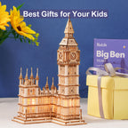 Rolife DIY Wooden 3D Puzzle Big Ben Model Building Kit Brain Teaser Puzzle Toy with LED Light for Home Decor Gifts for Adult Kid