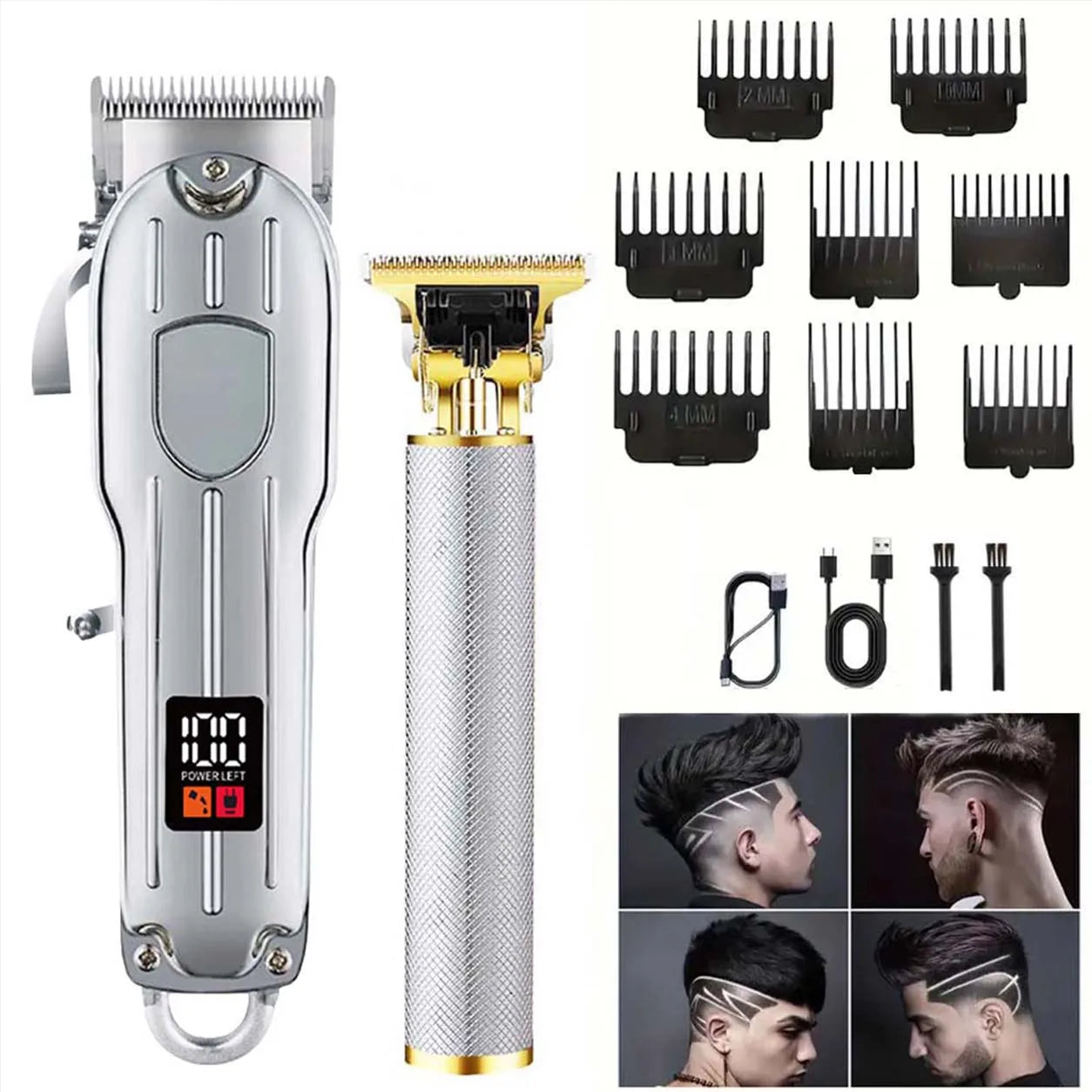 Professional Cordless Hair Clipper Set with LCD Display, USB Rechargeable Hair Trimmer Kit Grooming Kit for Home and Salon Use
