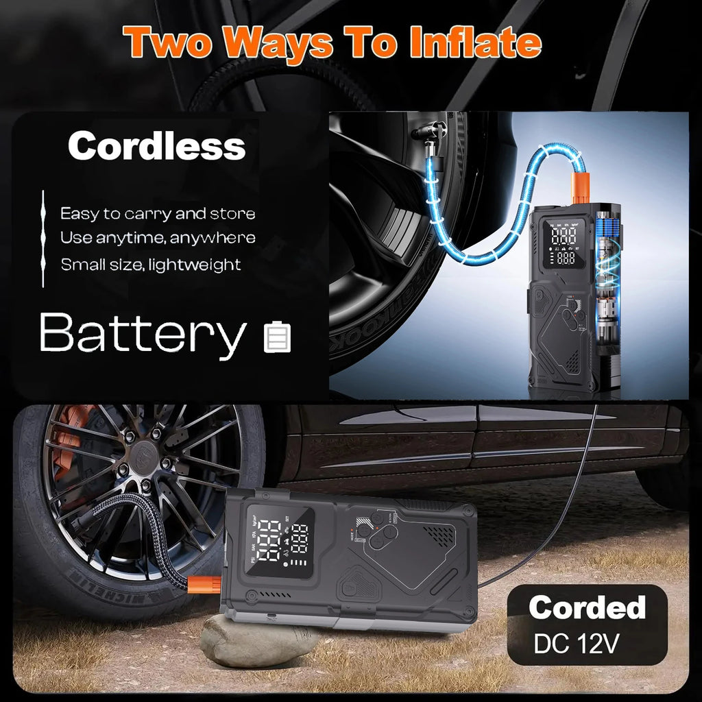 6 in 1 Jump Starter with Air Pump Peak 5000A Booster 150PSI Tire Inflator 8L Gas/4L Diesel with DC Power Cord 400LM Flashlight