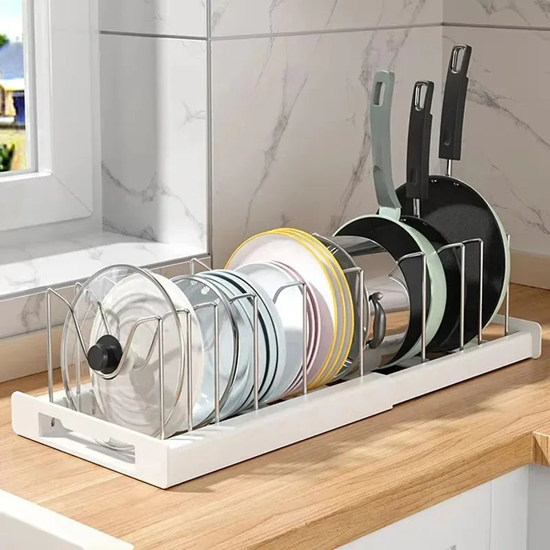 Expandable Kitchen Pot Pan Organizer Under Cabinet with 7 Adjustable Dividers Food Storage Container Lid Storage 1 Pack
