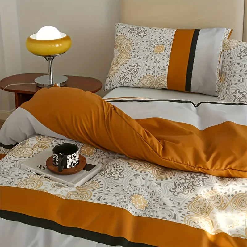 Orange-Gray Striped Print Three-Piece Duvet Cover Set, Skin-Friendly and Breathable Bedding (1 Duvet Cover + 2 Pillowcases), Ultra-Soft Breathable Fabric, Skin-Friendly, Comfortable, Breathable, Machine Washable, All-Season B