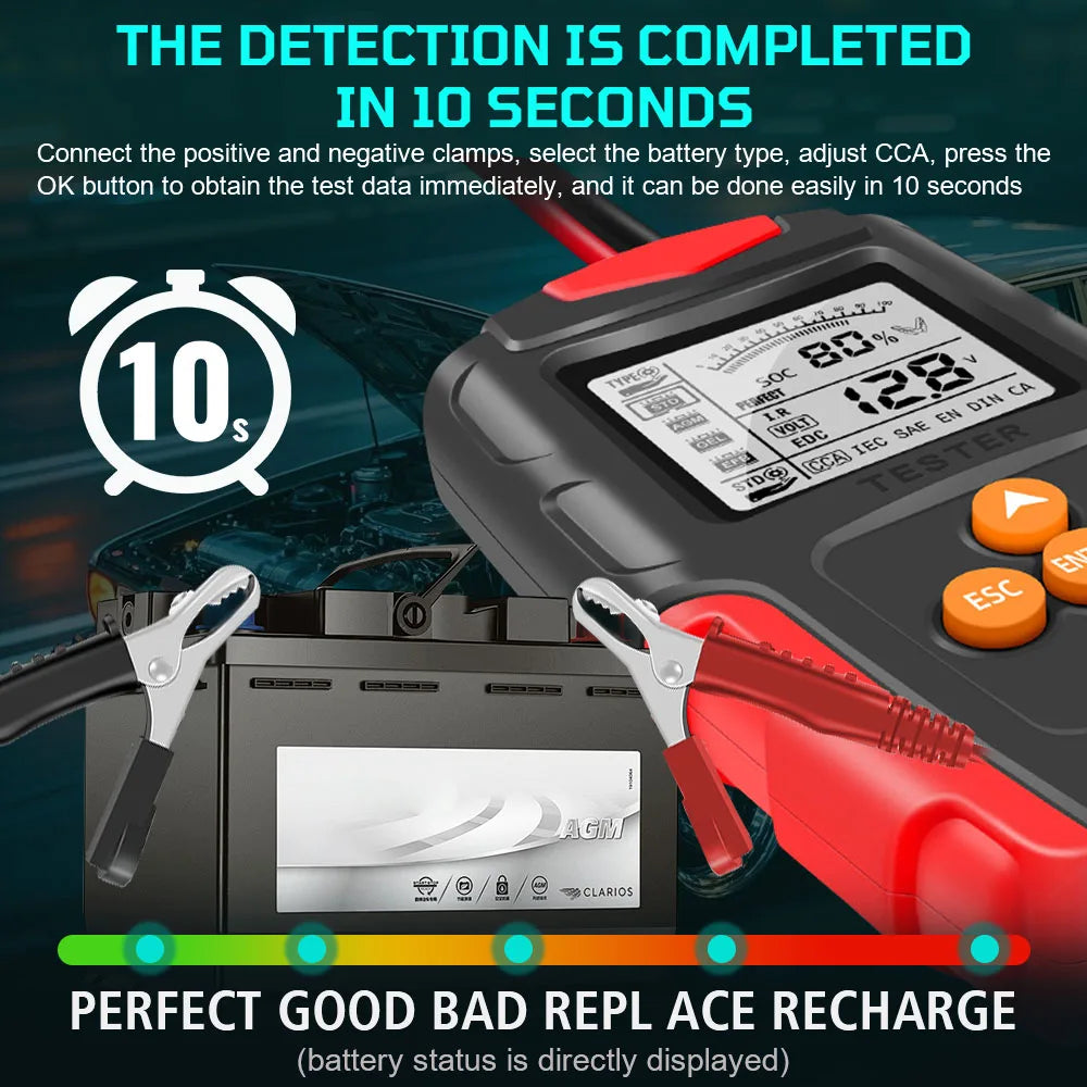 Car Motorcycle Battery Tester 12V 24V Smart Battery Checker Analyzer Test Repair Tools Auto Accessories Universal Lead Acid for RV Truck ATV