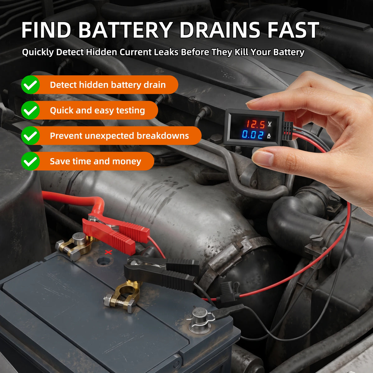 Parasitic Draw Tester, Automotive Battery Drain Detector Current Leak Finder Tool for Vehicle Electrical Diagnostics, SUV, Truck