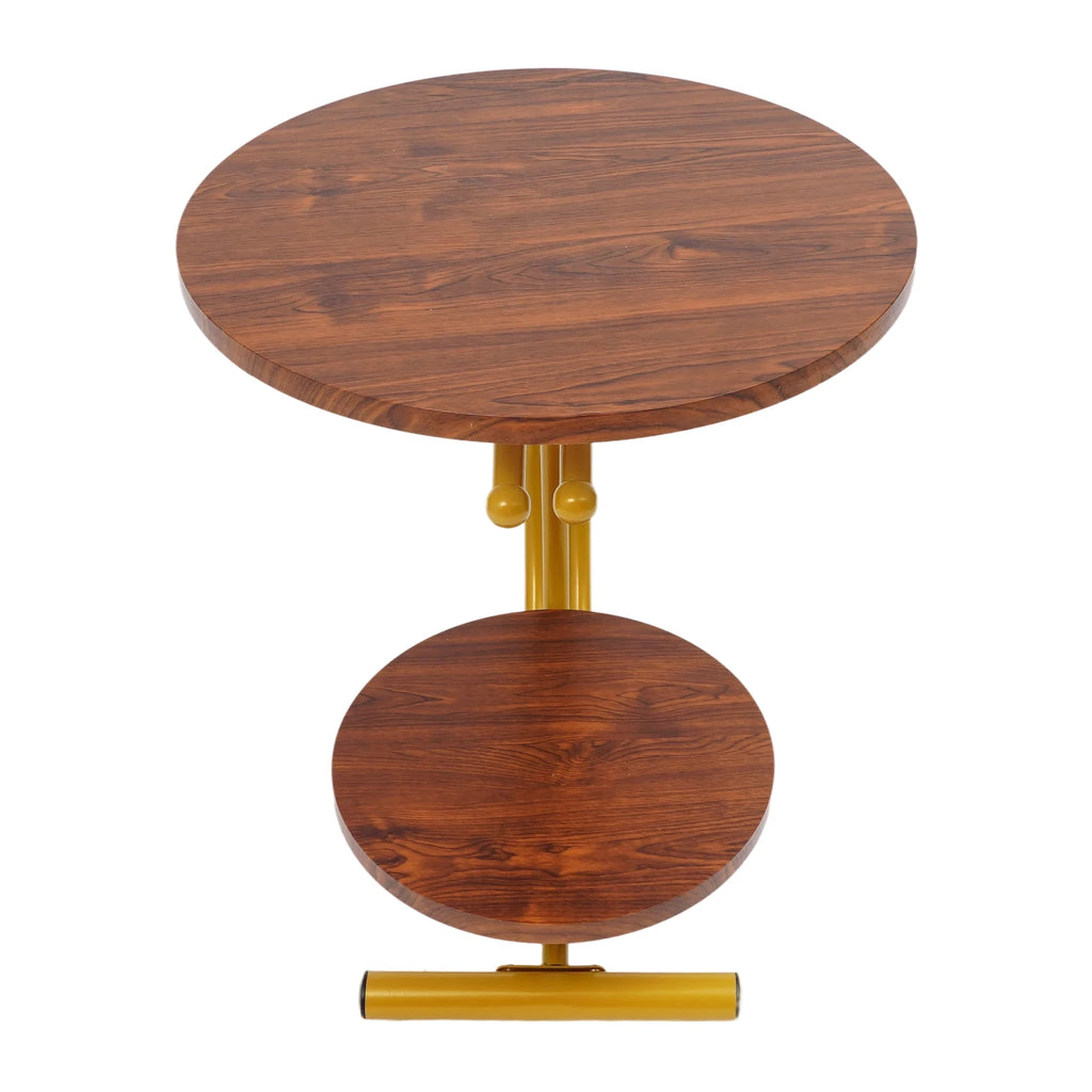 Clearance Sale 2-Tier Round End Table 55x55x60cm Gold Walnut with Storage Shelf Metal Frame Side Table with Hardware for Living Room Bedroom Office Home Decor