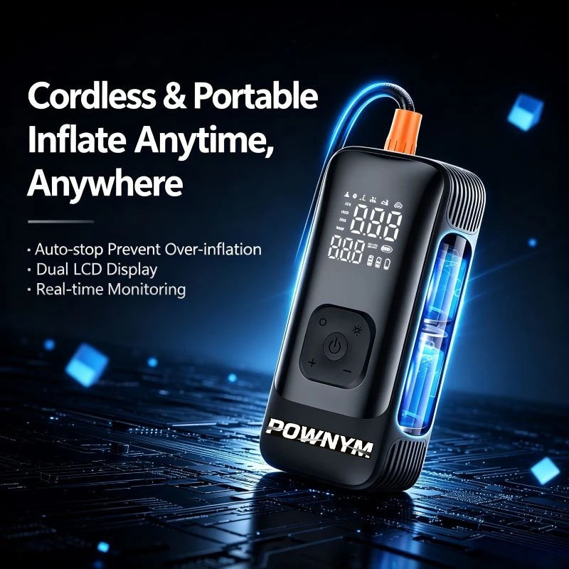 POWNYM Wireless Tire Inflator Air Compressor, Portable 2-in-1 Jump Starter with Digital Pressure Gauge, LED Light & Multi Nozzles for Car Motorcycle Bike Sports Balls