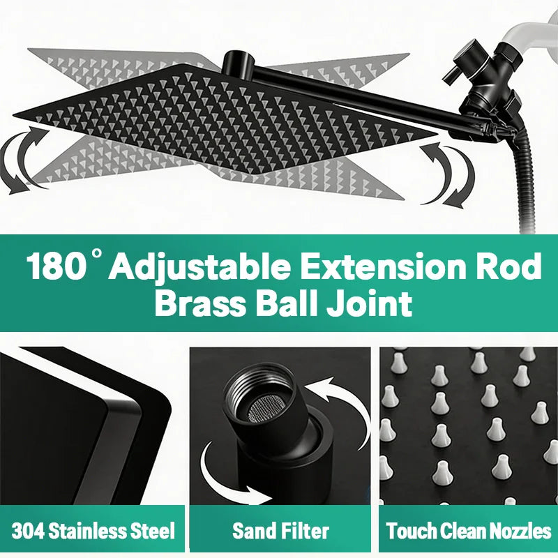 Matte Black Dual Shower Head System,11 Inch Rain Shower Head with 180° Adjustable Extension Arm,3‑Modes Anti‑Low‑Pressure Handheld Shower with Sand Filter,No Drill Adhesive Bracket Complete Bathroom Shower Kit for ever