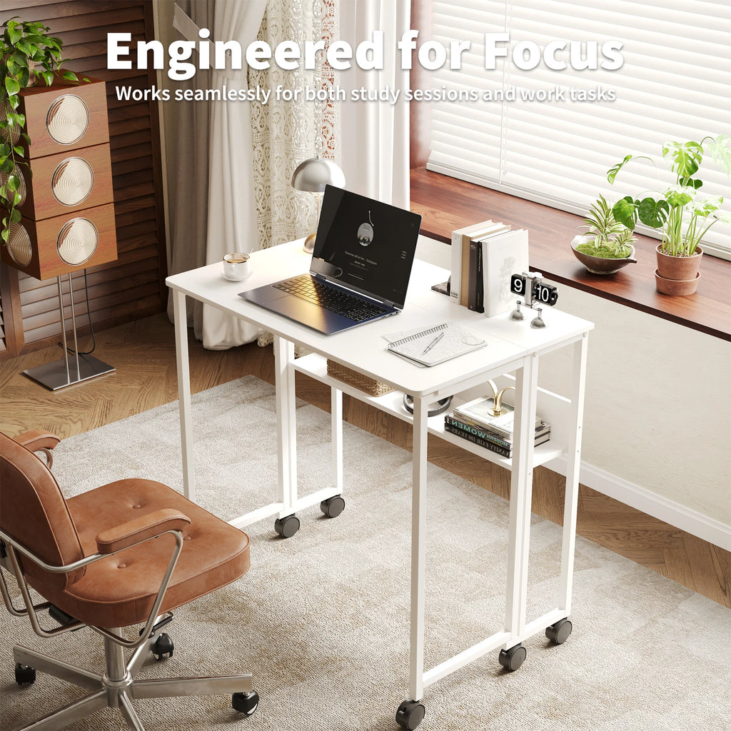 Compact 25" Folding Desk with Wheels Storage Shelf Foldable Computer Table for Small Spaces Home Office Dorm Sturdy Iron Frame Easy Assembly Natural Oak/White/Black