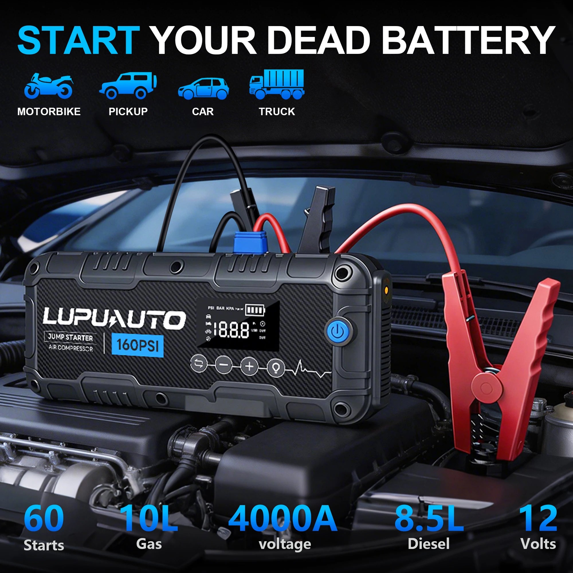 4 In 1 Car Jump Starter with LED Lighting 4000A Portable Car Battery Charger Power Bank Tire Inflator Pump 160PSI Air Compressor