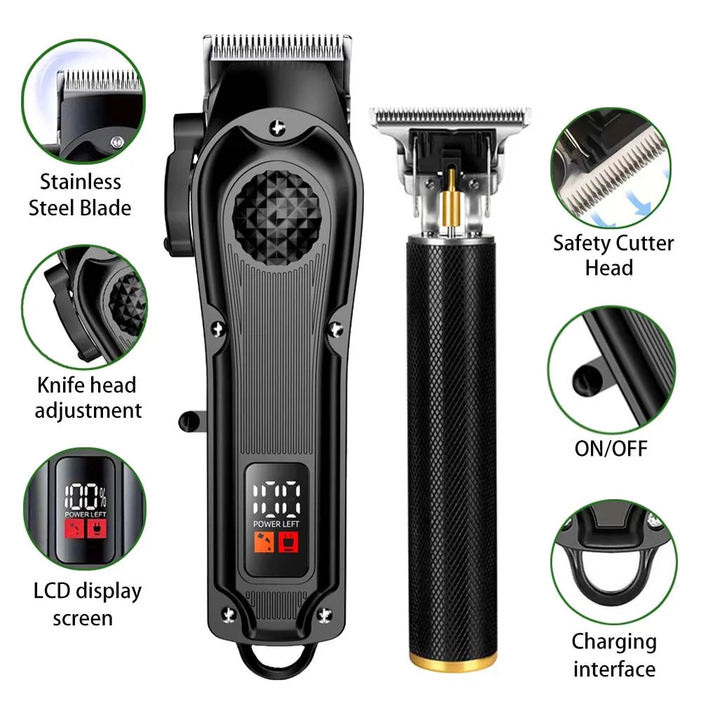 Professional Hair Clippers with LED Display, Cordless Rechargeable Trimmer & T-Blade Shaver for Men, Balding Grooming Kit