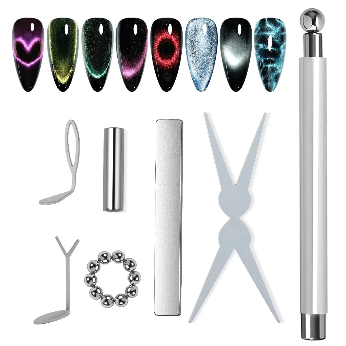 17Pcs Nail Art Nail Magnetic Stick Set Cat Eye Magnetic Ball Aluminum Handle Cylindrical UV Gel Magnet Tools Nail Design Tools