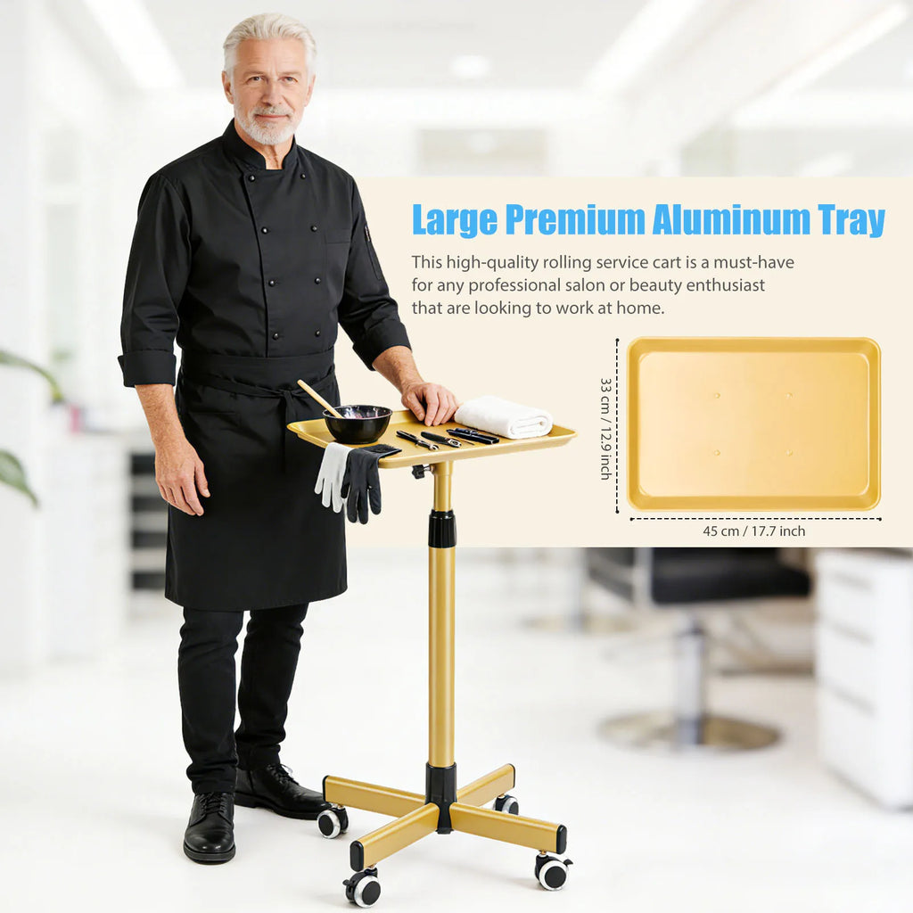 Heavy-Duty Adjustable Height Salon Cart with Large Aluminum Tray Mobile Service Trolley for Home Tattoo SPA