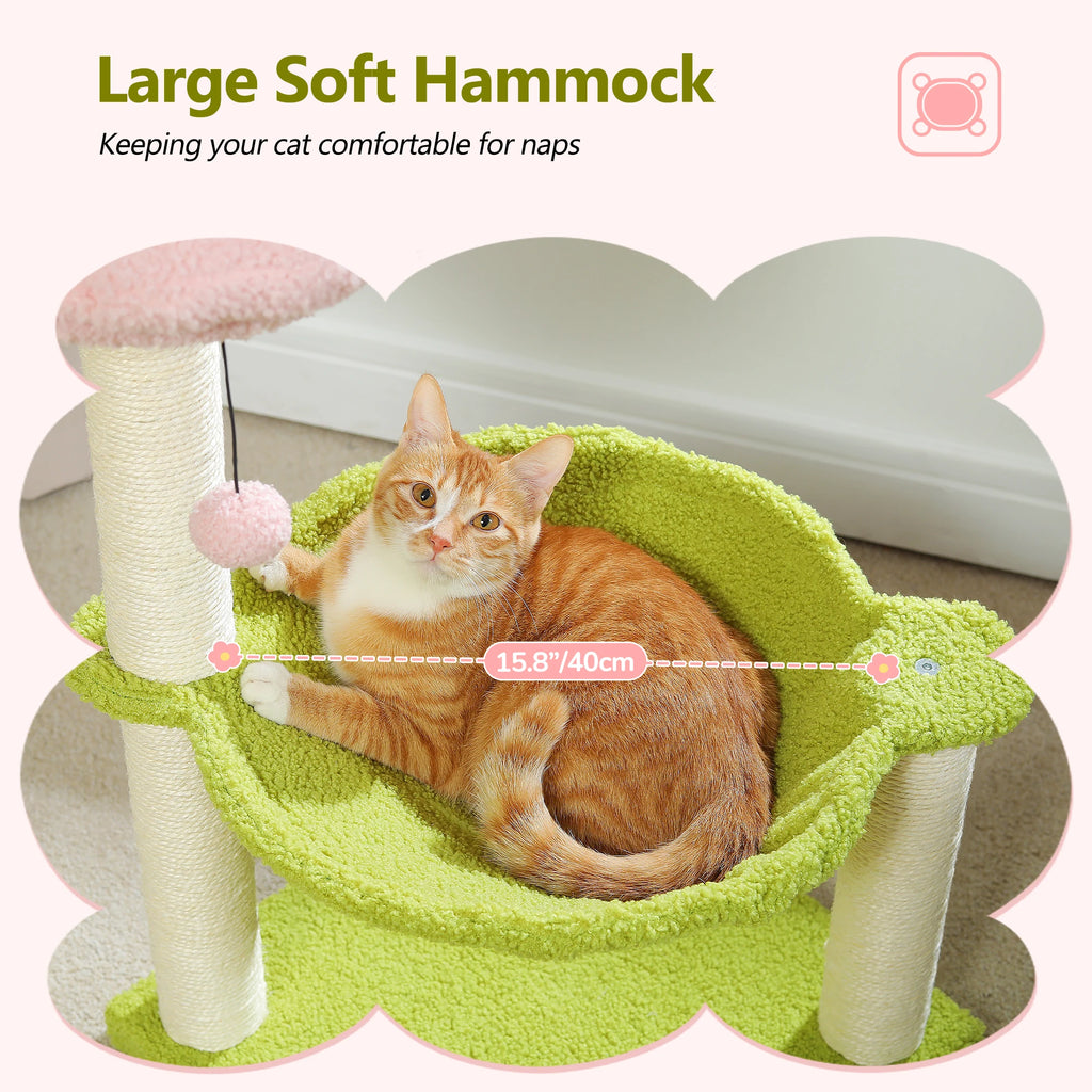 Flower Cat Tree with Sisal Scratching Post Large Hammock Soft Top Perch Small Cat Tower for Indoor Cute Cat Scratcher Kitten Toy
