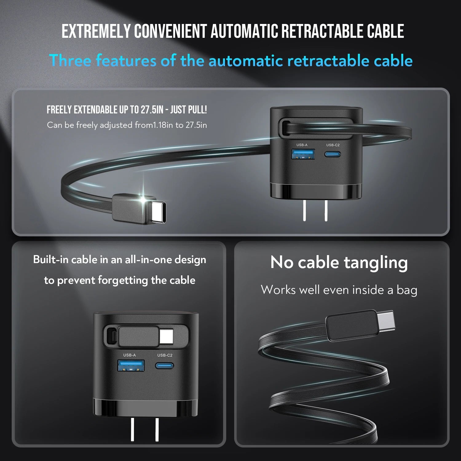 65W GaN Fast Charger with Retractable Cable, Foldable Plug, Quick Charging Block, for iPhone , Samsung , iPad, Android Phones